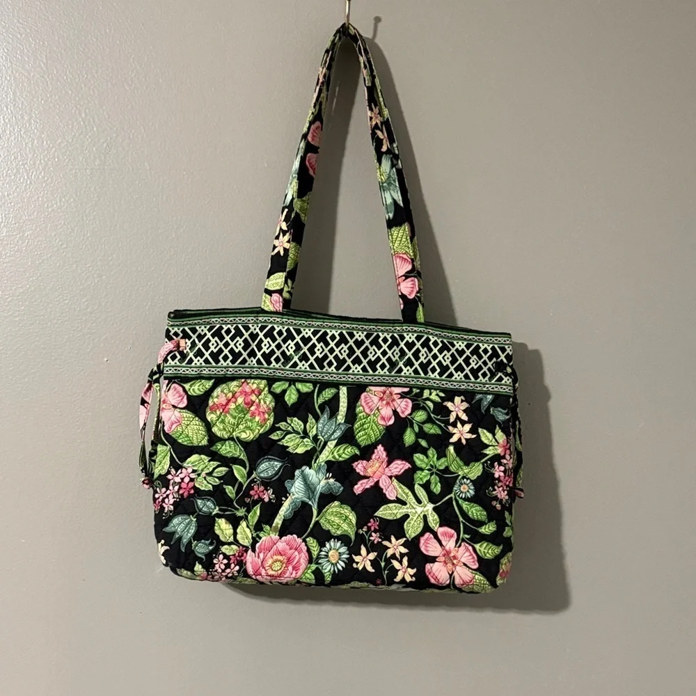 Vera Bradley Black Tote with Pink and Green Floral Pattern